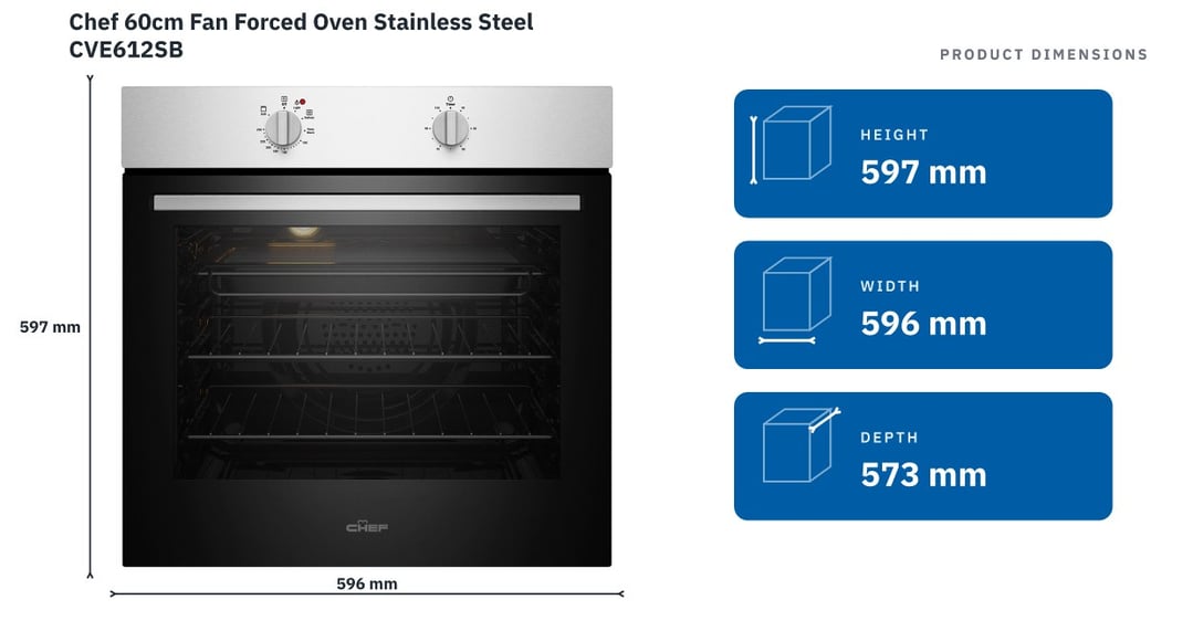 Chef 60cm Fan Forced Oven Stainless Steel CVE612SB — product dimensions
