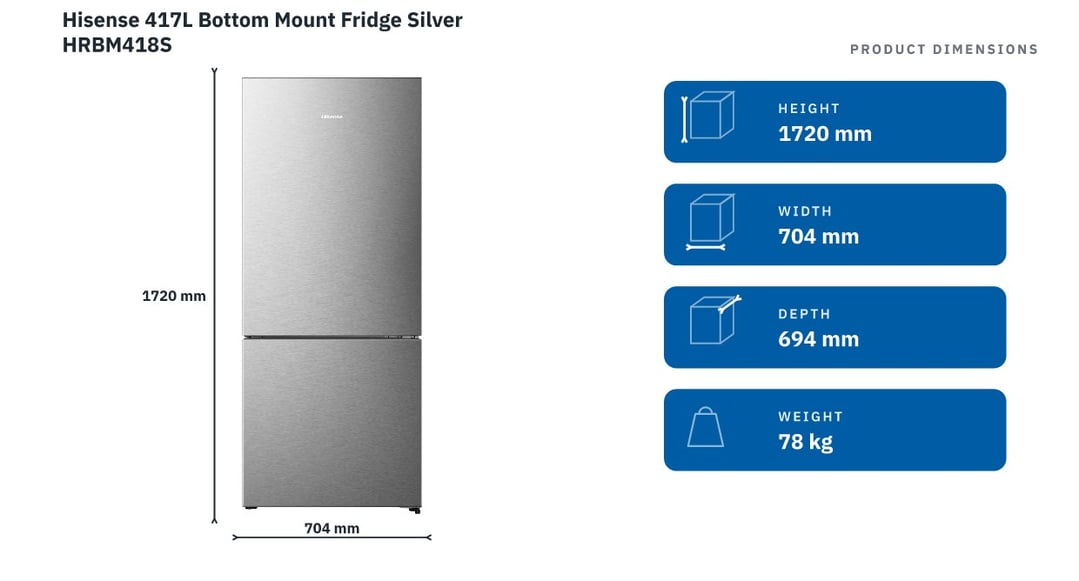 Hisense 417L Bottom Mount Fridge Silver HRBM418S — product dimensions