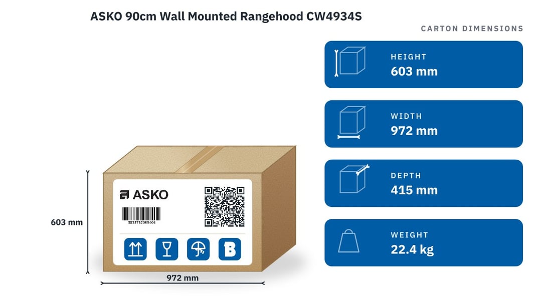 ASKO 90cm Wall Mounted Rangehood CW4934S — packaged dimensions