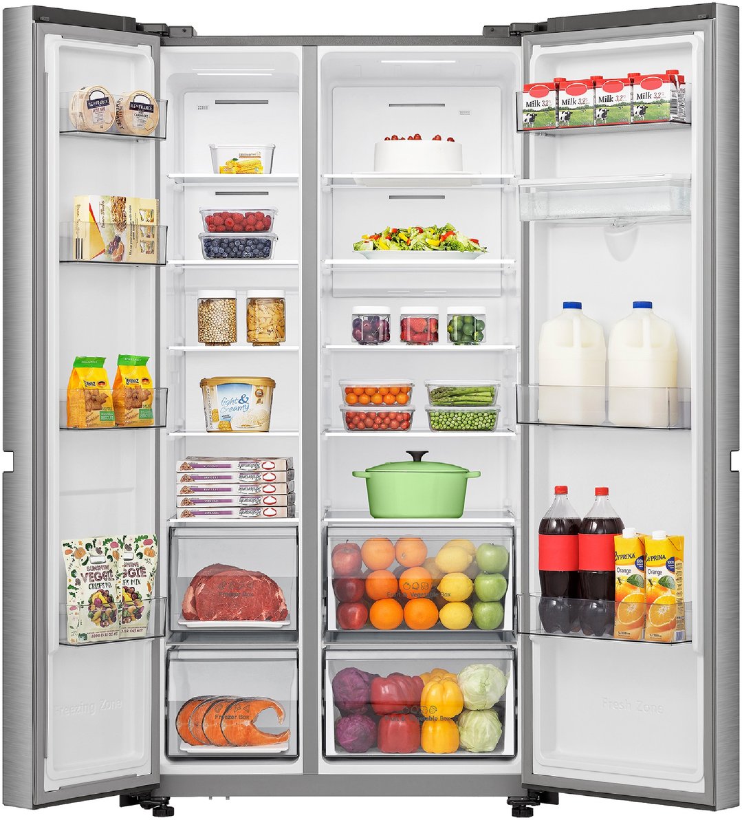 Open side-by-side refrigerator filled with various food items and drinks