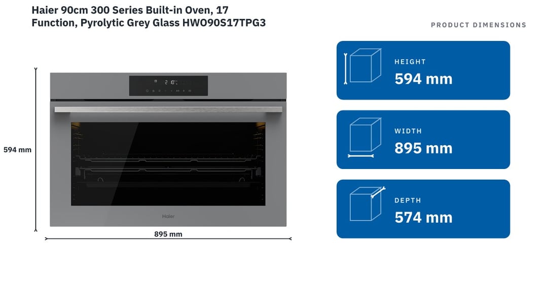 Haier 90cm 300 Series Built-in Oven, 17 Function, Pyrolytic Grey Glass HWO90S17TPG3