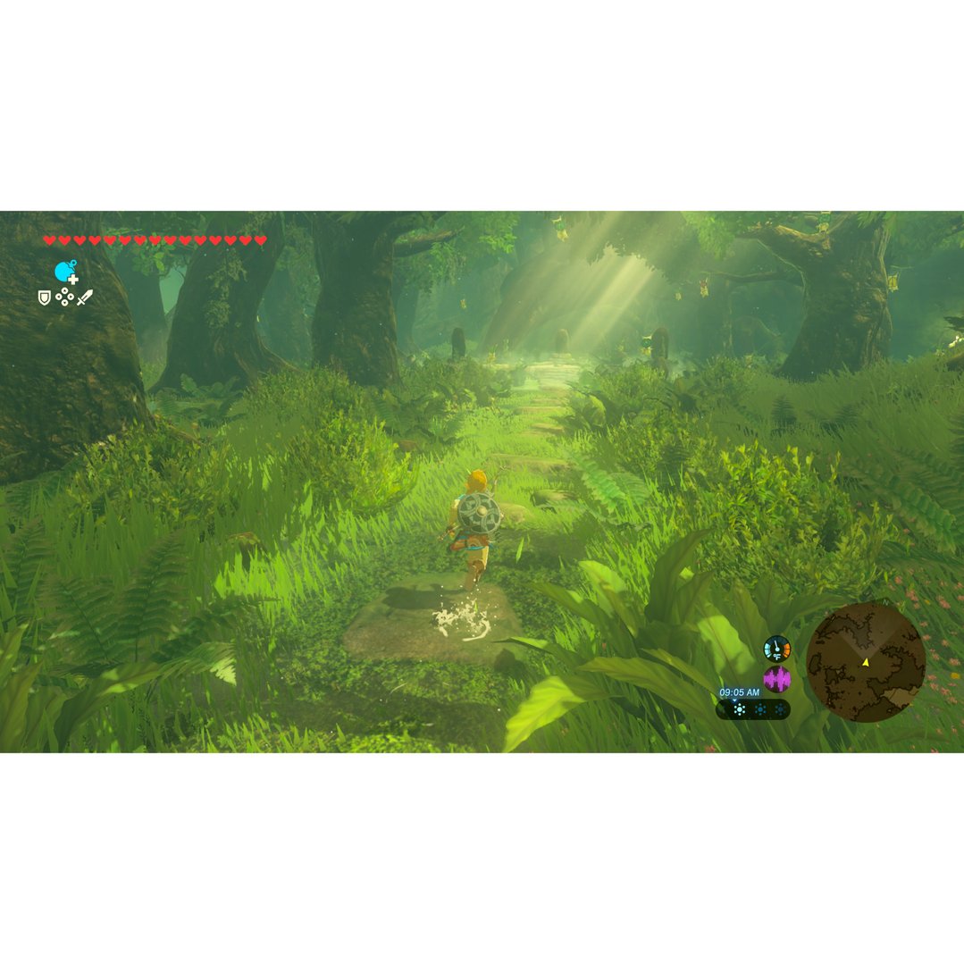 The Legend of Zelda: Breath of the Wild gameplay showing Link running through a forest