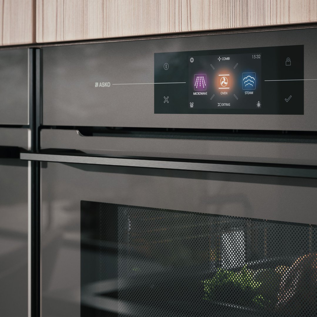 Close up of a microwave oven with its digital display showing menu options