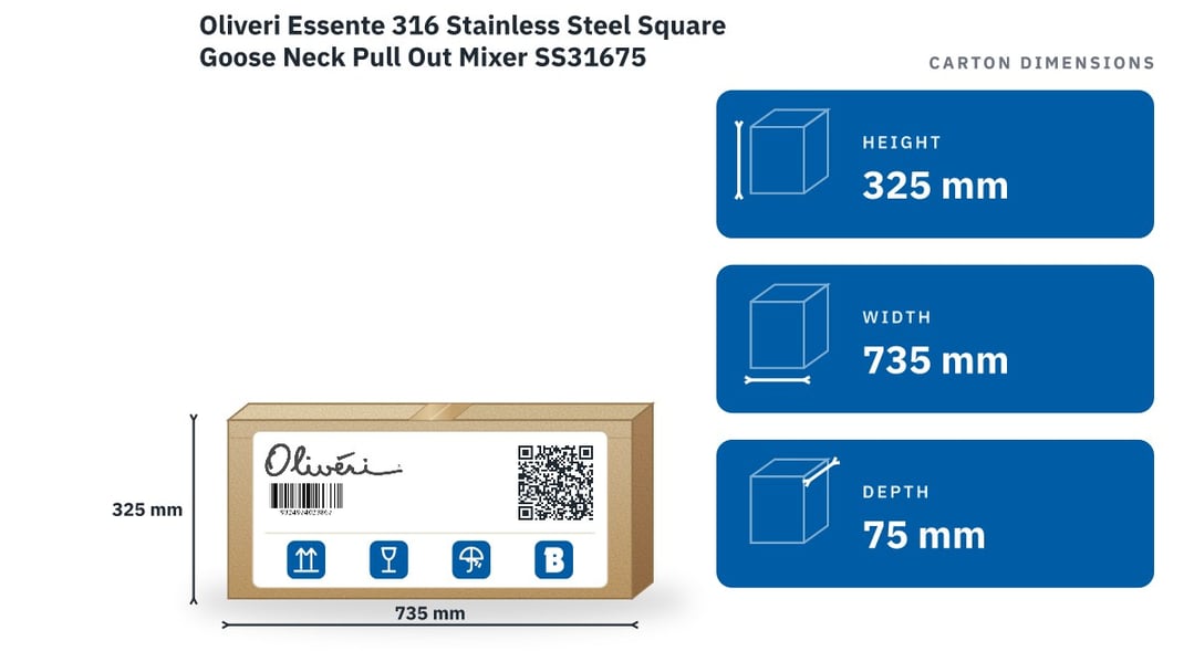 Oliveri Essente 316 Stainless Steel Square Goose Neck Pull Out Mixer SS31675 — packaged dimensions