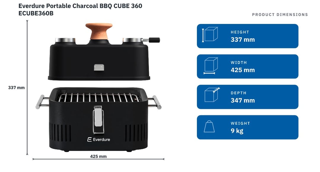 Everdure Portable Charcoal BBQ CUBE 360 ECUBE360B — product dimensions