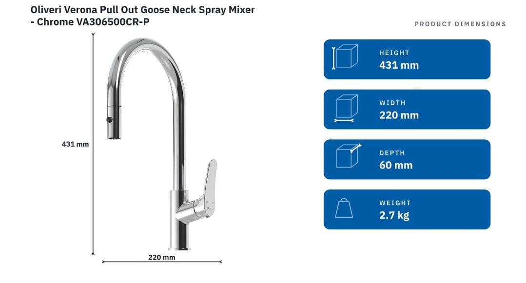 Oliveri Verona Pull Out Goose Neck Spray Mixer - Chrome VA306500CR-P — product dimensions