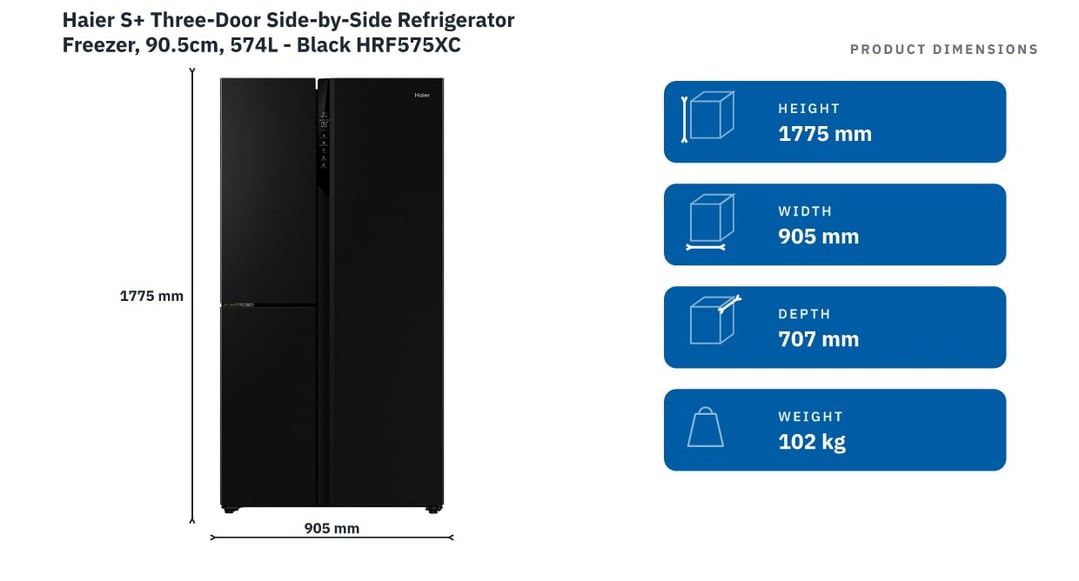 Haier S+ Three-Door Side-by-Side Refrigerator Freezer, 90.5cm, 574L - Black HRF575XC