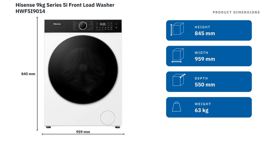 Hisense 9kg Series 5i Front Load Washer HWF5I9014 — product dimensions
