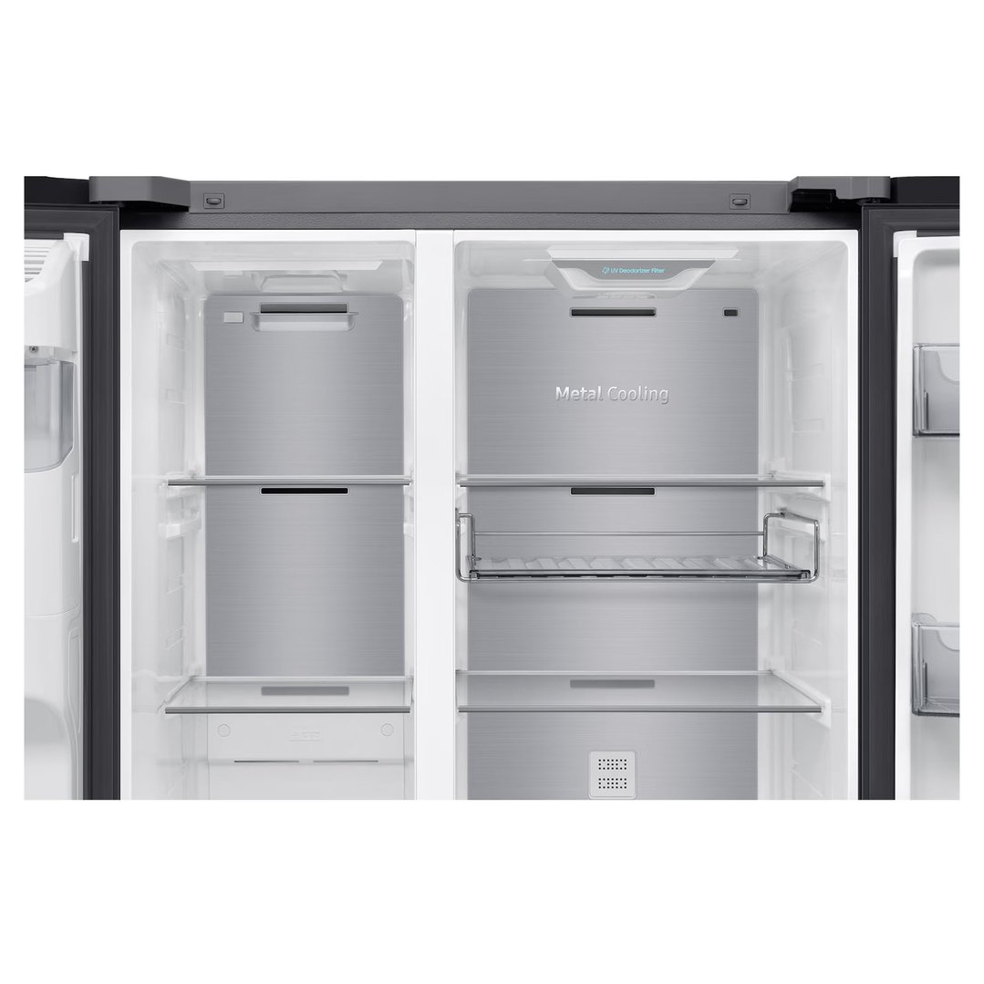 Interior view of a Samsung side-by-side refrigerator with metal cooling
