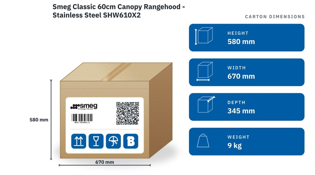 Smeg Classic 60cm Canopy Rangehood - Stainless Steel SHW610X2 — packaged dimensions