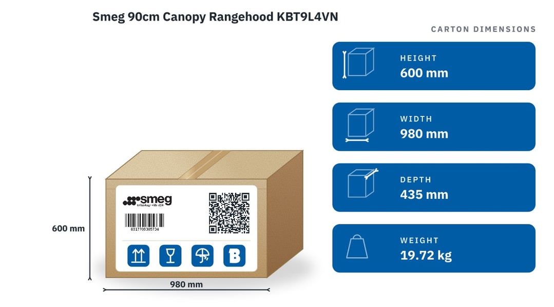 Smeg 90cm Canopy Rangehood KBT9L4VN — packaged dimensions