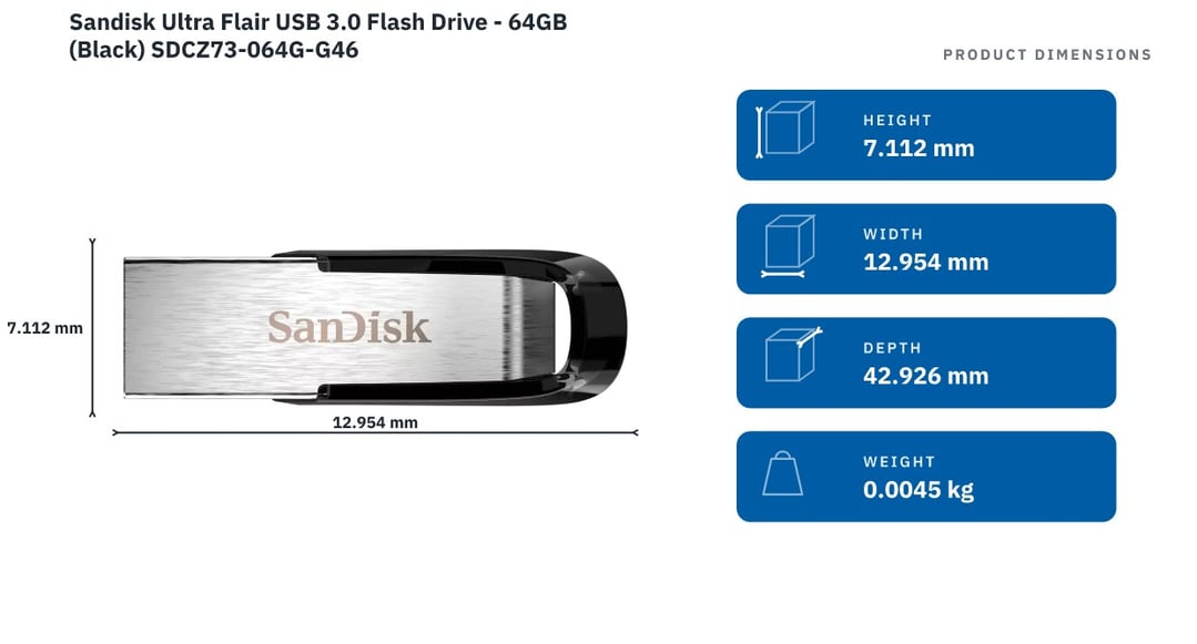 Sandisk Ultra Flair USB 3.0 Flash Drive - 64GB (Black) SDCZ73-064G-G46 — product dimensions