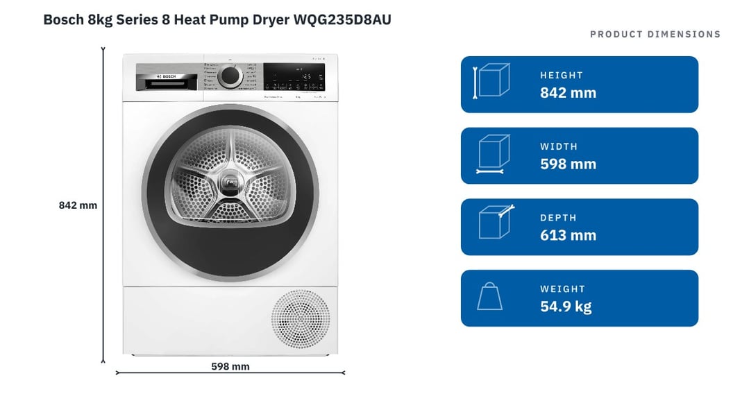 Bosch 8kg Series 8 Heat Pump Dryer WQG235D8AU — product dimensions