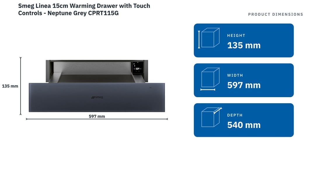 Smeg Linea 15cm Warming Drawer with Touch Controls - Neptune Grey CPRT115G — product dimensions