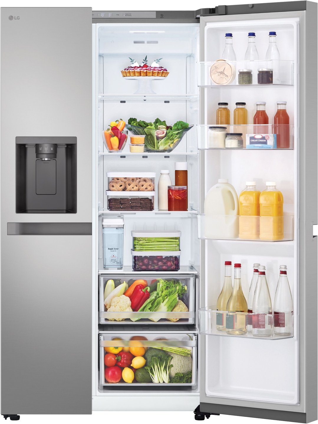 Open LG side by side fridge with food and drinks on shelves and in drawers
