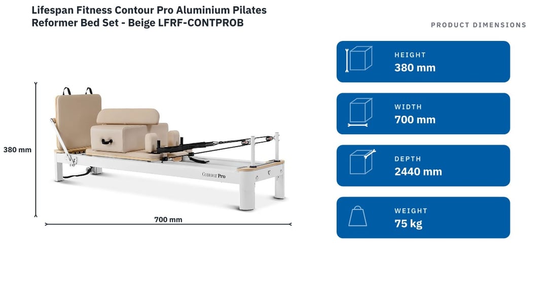 Lifespan Fitness Contour Pro Aluminium Pilates Reformer Bed Set - Beige LFRF-CONTPROB — product dimensions