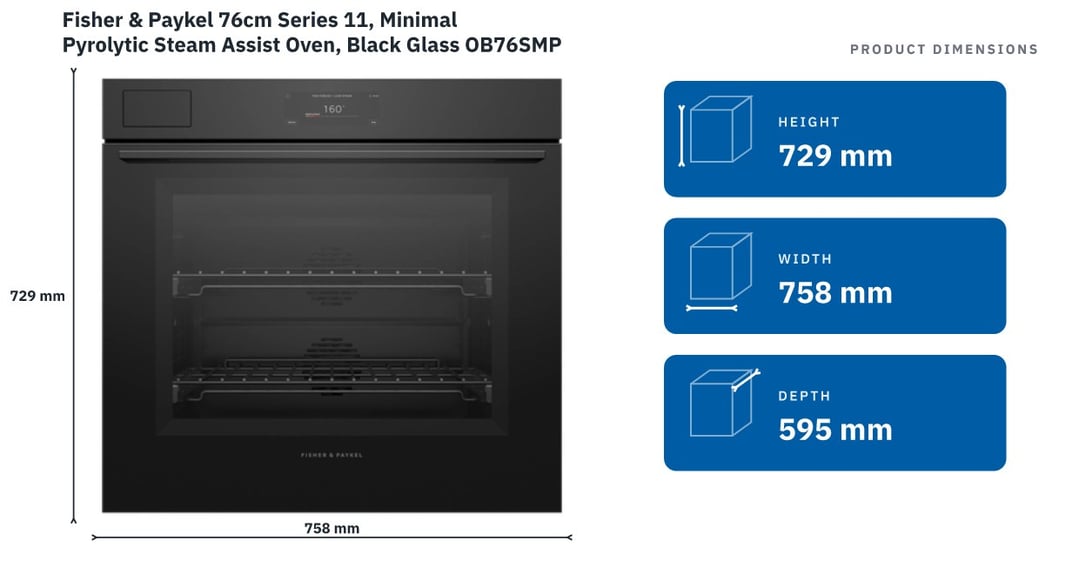 Fisher & Paykel 76cm Series 11, Minimal Pyrolytic Steam Assist Oven, Black Glass OB76SMPSUB3 — product dimensions