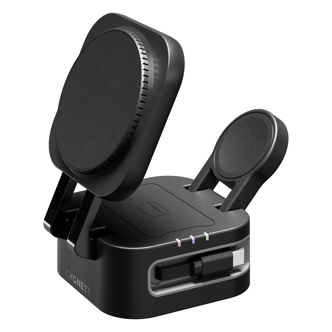 Cygnett ChargeBase Wireless 3-in-1 Charger with Retractable USB-C Cable – Black CY5852WCCRC