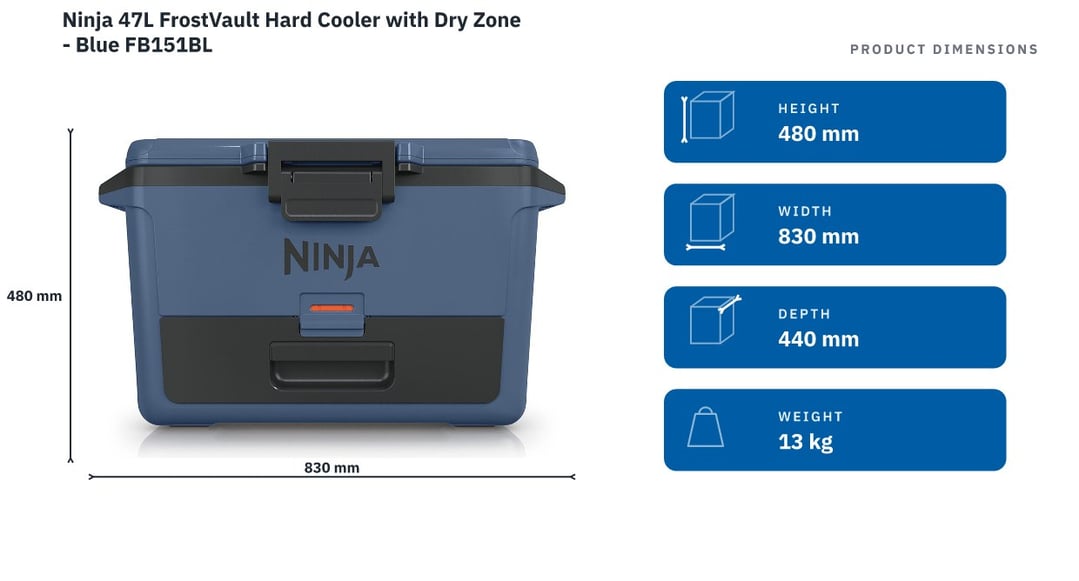 Ninja 47L FrostVault Hard Cooler with Dry Zone - Blue FB151BL — product dimensions