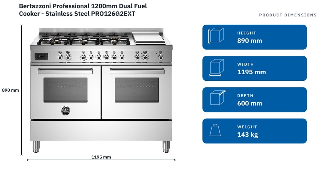 Bertazzoni Professional 1200mm Dual Fuel Cooker - Stainless Steel PRO126G2EXT — product dimensions