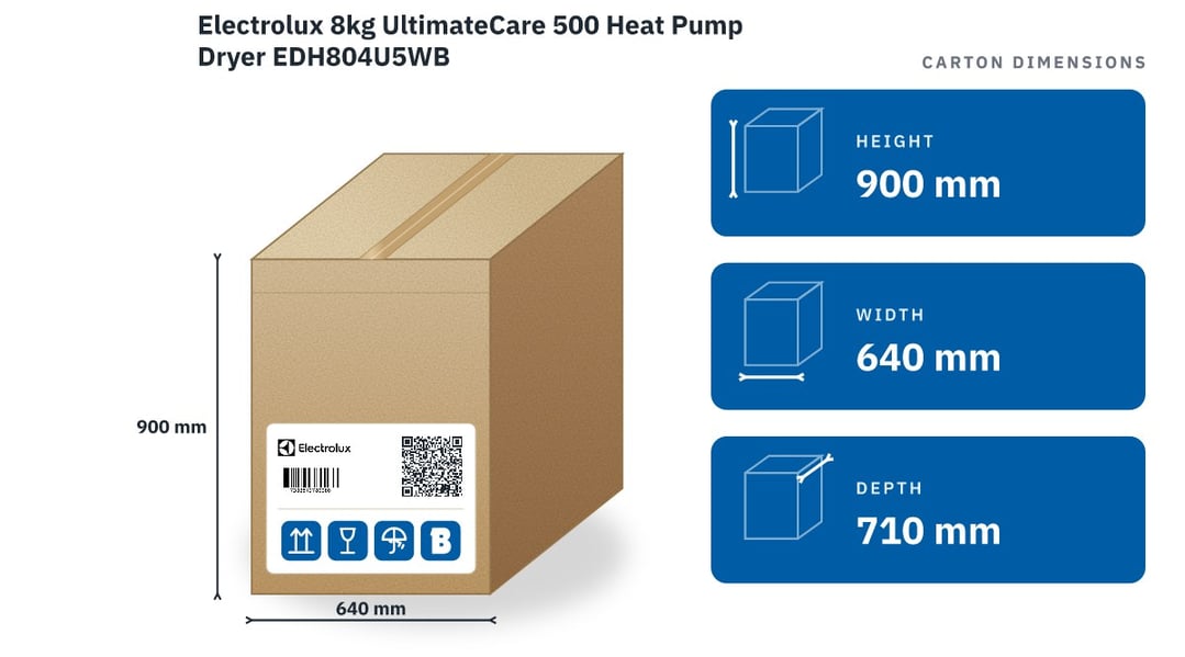 Electrolux 8kg UltimateCare 500 Heat Pump Dryer EDH804U5WB — packaged dimensions