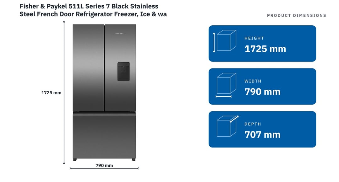 Fisher & Paykel 511L Series 7 Black Stainless Steel French Door Refrigerator Freezer, Ice & water RF505ANUB1