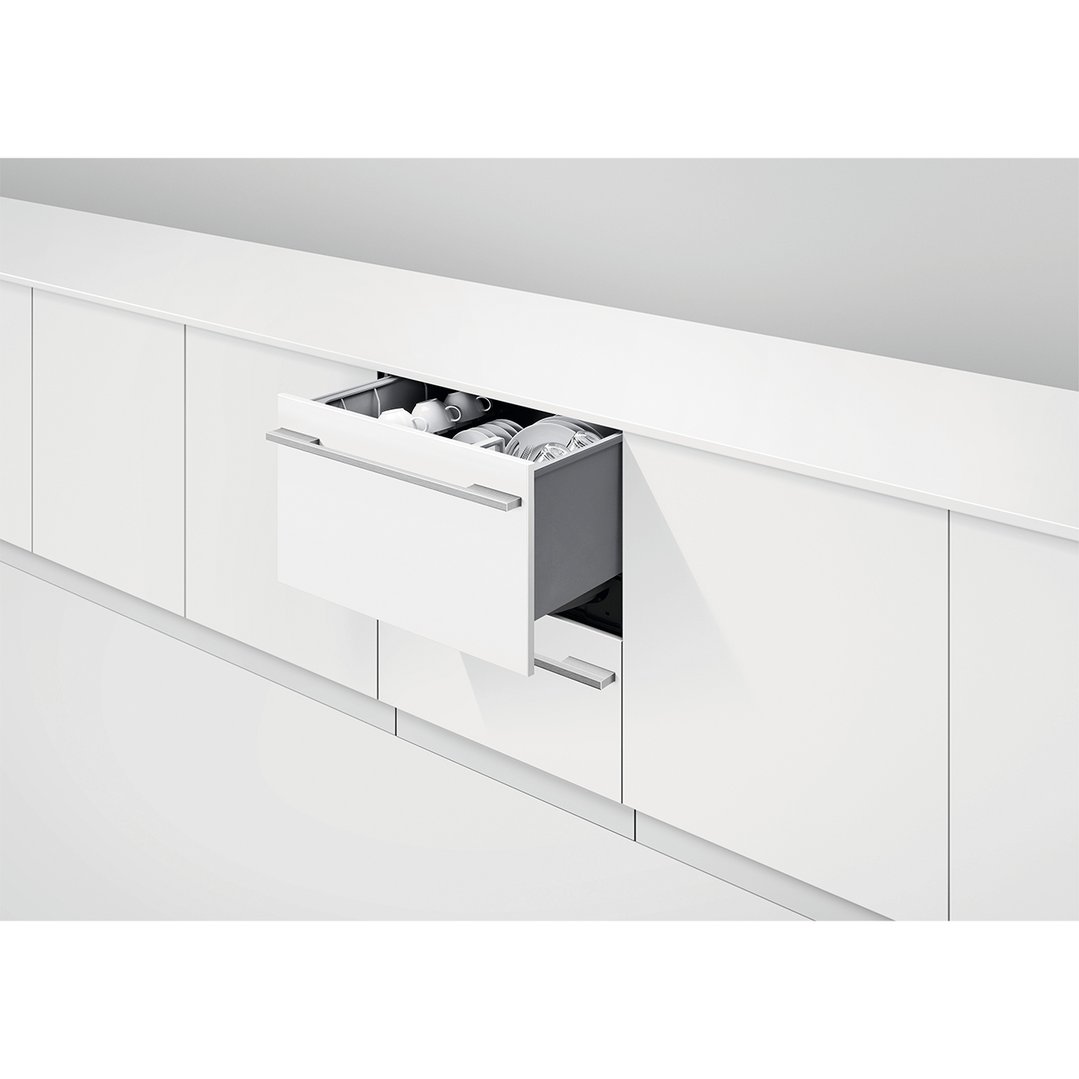 Integrated Double DishDrawer Dishwasher open in a modern white kitchen