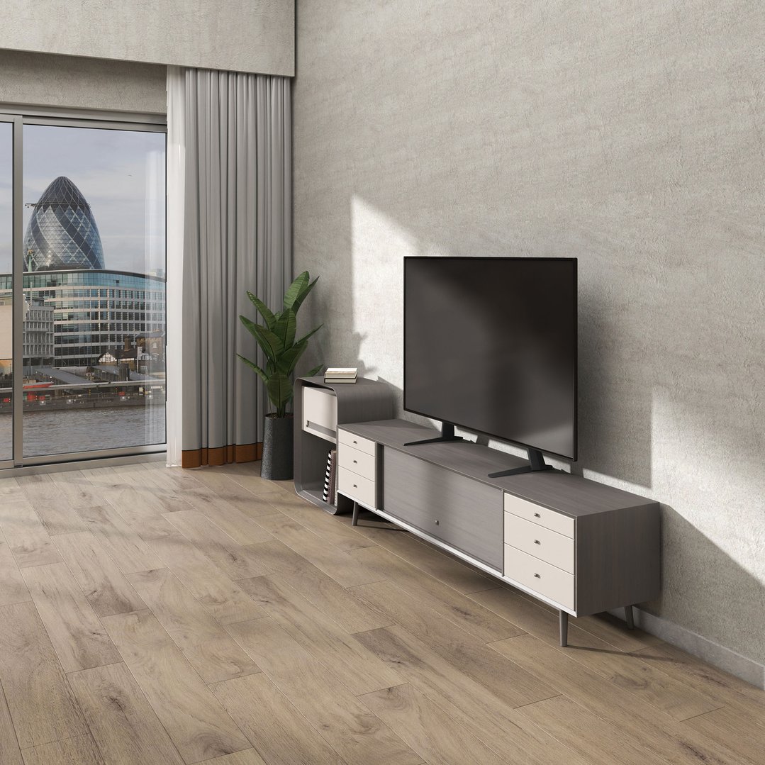 A TV stand with a TV in a modern living room with a city view