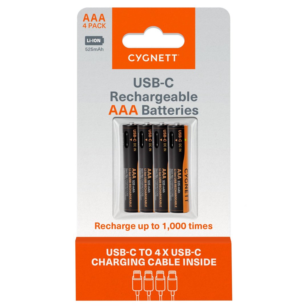 Cygnett AAA USB-C Rechargeable Battery - 4 Pack - Black CY5874CCCRB