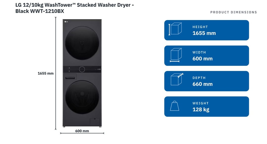 LG 12/10kg WashTower™ Stacked Washer Dryer - Black WWT-1210BX — product dimensions