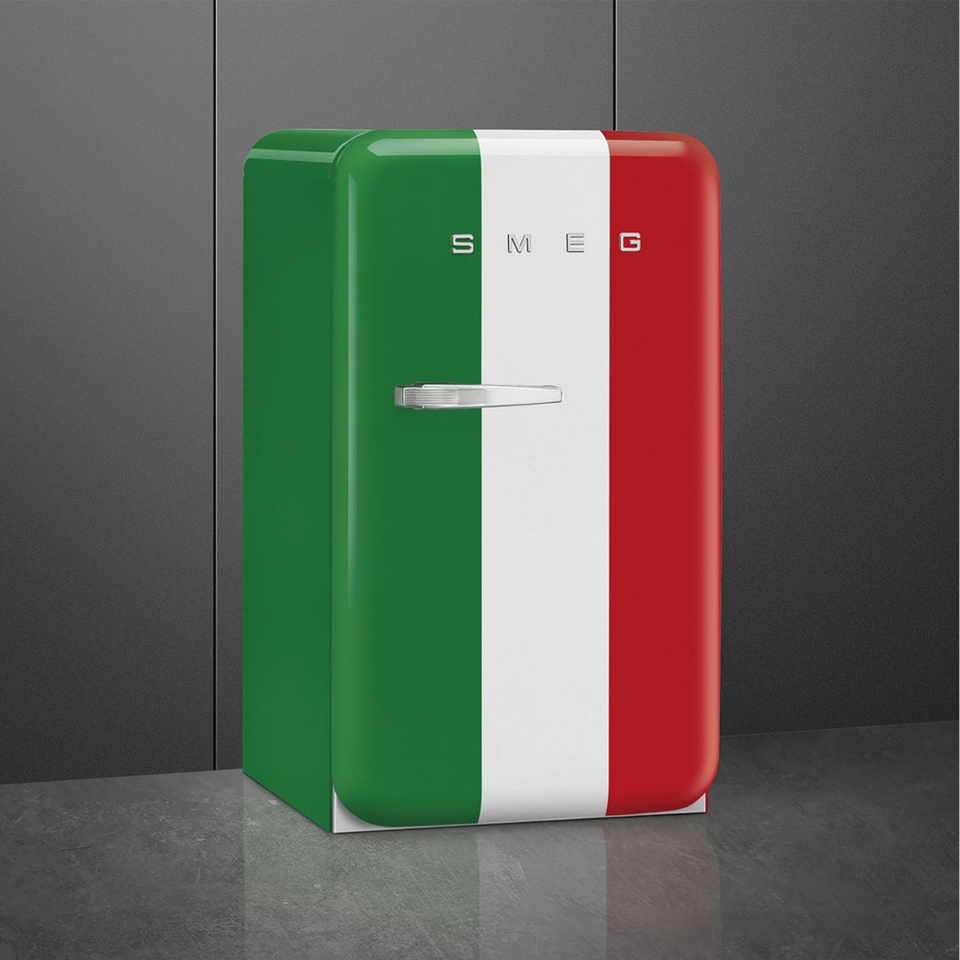 SMEG FAB10 refrigerator with Italian flag design on a dark grey floor