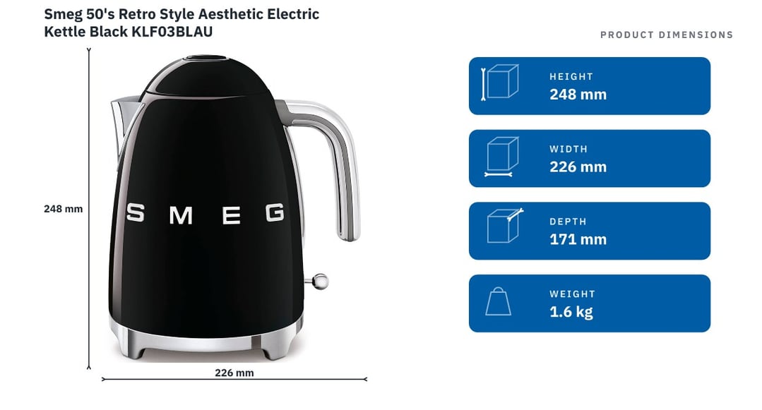 Smeg 50's Retro Style Aesthetic Electric Kettle Black KLF03BLAU