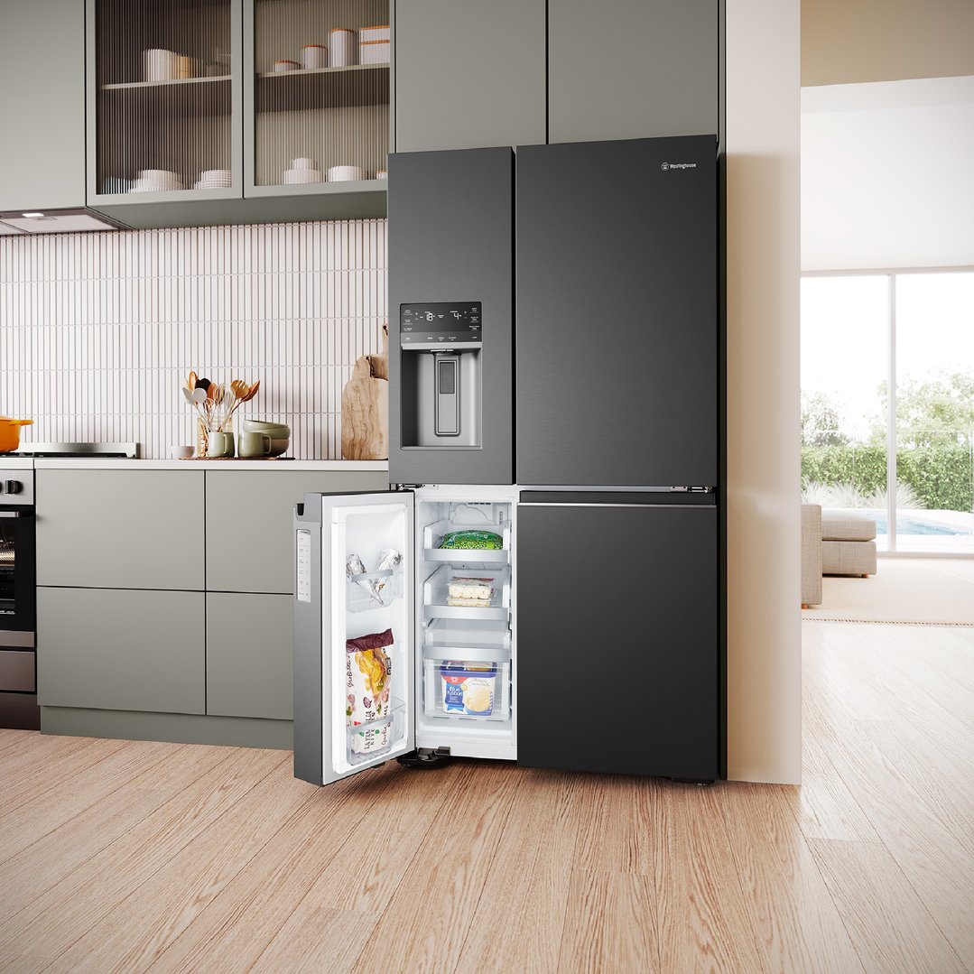 Matte black Westinghouse 609L Quad Door Fridge in a modern kitchen setting