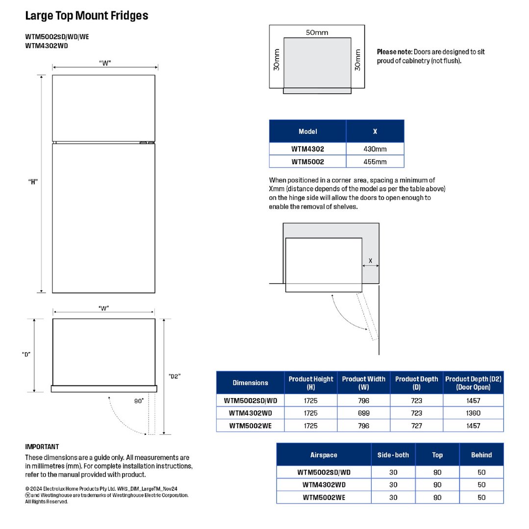 Westinghouse 503L Top Mount Fridge Right Hinged - White WTM5002WE-R