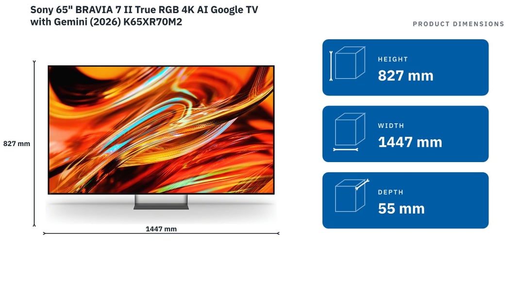 Sony 65" BRAVIA 7 II True RGB 4K AI Google TV with Gemini (2026) K65XR70M2 — product dimensions