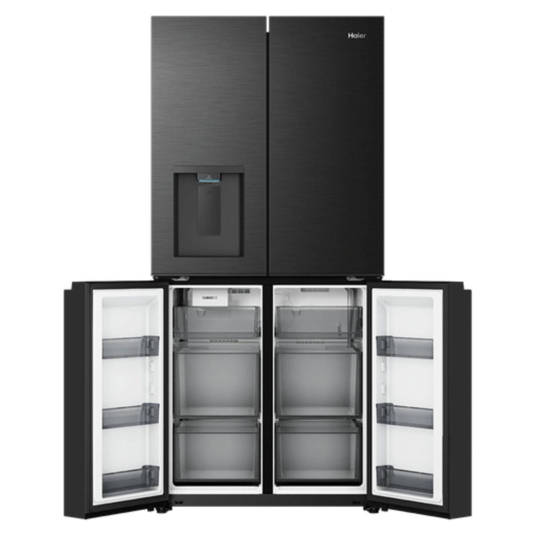 Haier 573L, Quad Door Refrigerator Freezer, Ice & Water, Plumbed, Black HRF590YPC