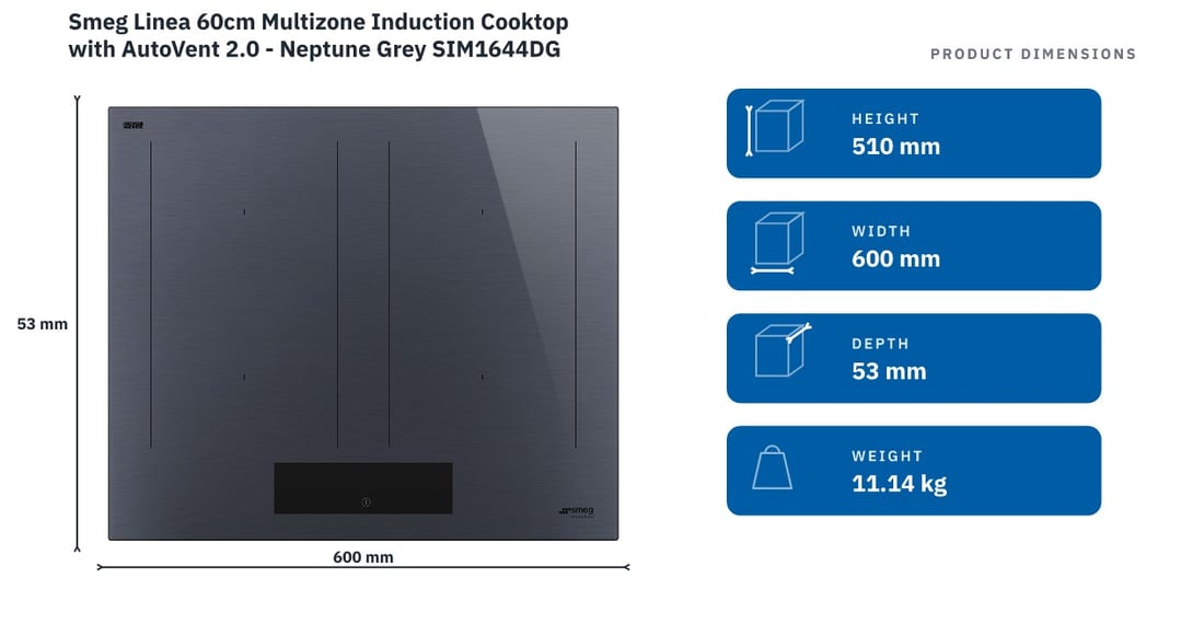 Smeg Linea 60cm Multizone Induction Cooktop with AutoVent 2.0 - Neptune Grey SIM1644DG — product dimensions