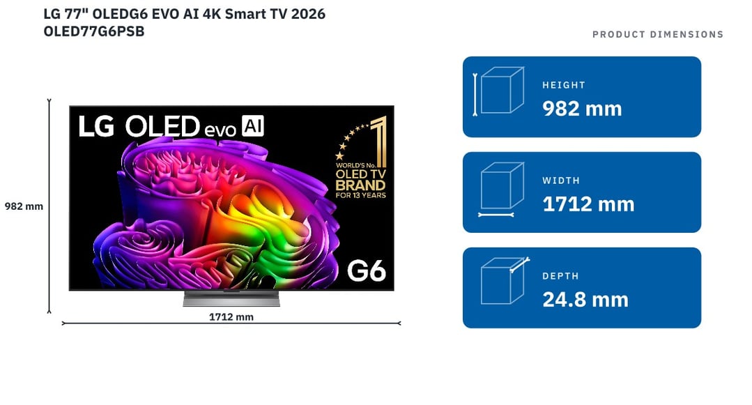 LG 77" OLEDG6 EVO AI 4K Smart TV 2026 OLED77G6PSB — product dimensions