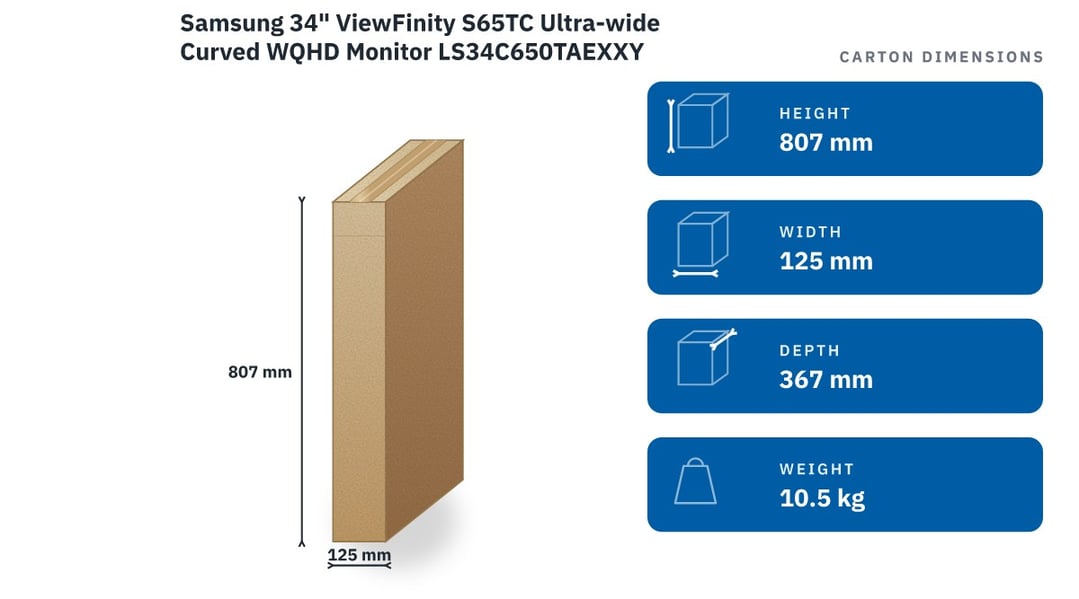 Samsung 34" ViewFinity S65TC Ultra-wide Curved WQHD Monitor LS34C650TAEXXY — packaged dimensions