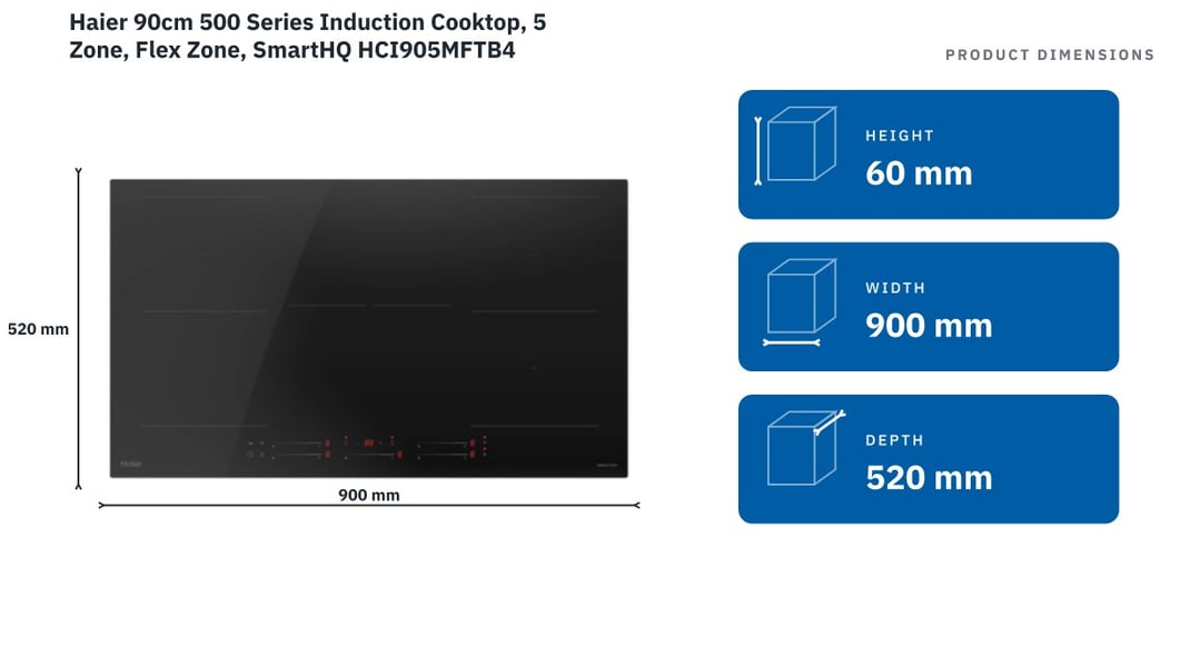 Haier 90cm 500 Series Induction Cooktop, 5 Zone, Flex Zone, SmartHQ HCI905MFTB4 — product dimensions