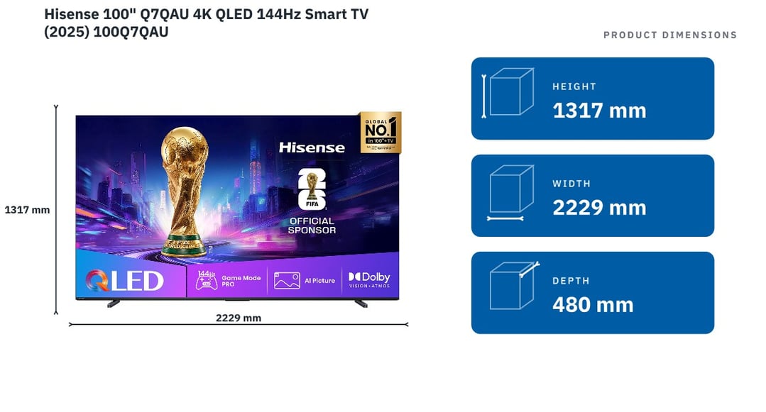 Hisense 100" Q7QAU 4K QLED 144Hz Smart TV (2025) 100Q7QAU — product dimensions