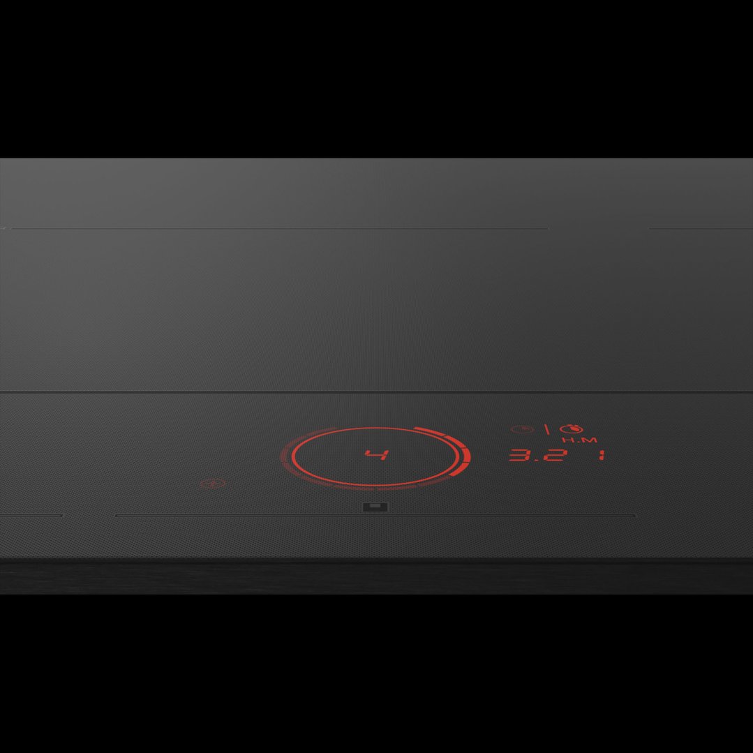 Close-up of an induction cooktop with red illuminated controls showing 4 and 3.2.1