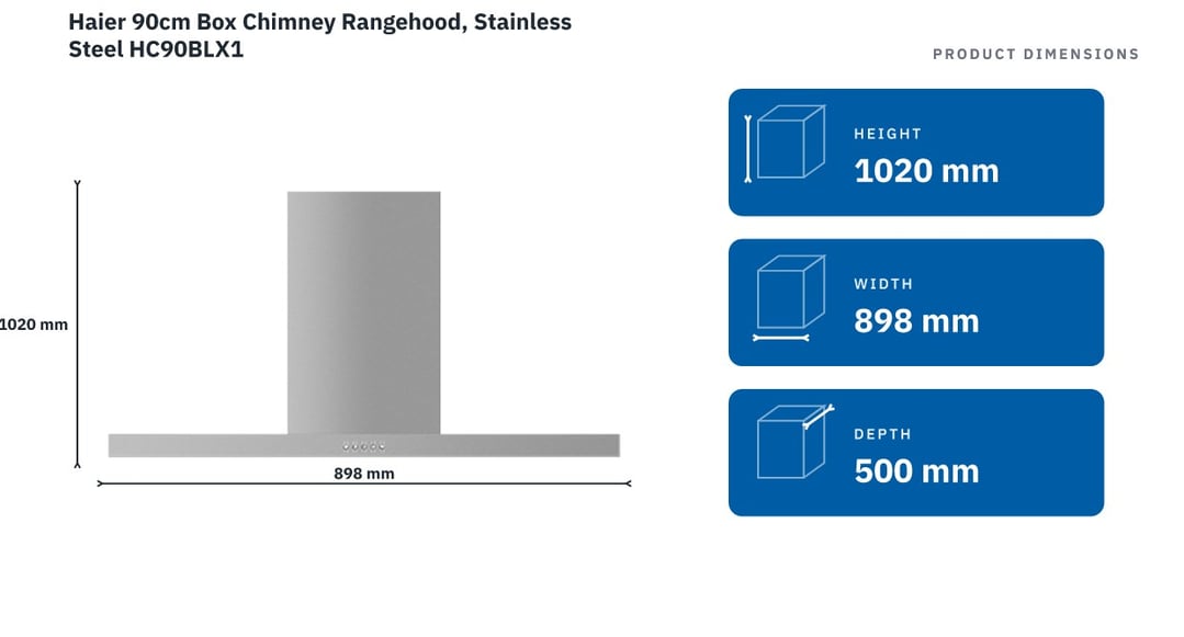 Haier 90cm Box Chimney Rangehood, Stainless Steel HC90BLX1 — product dimensions