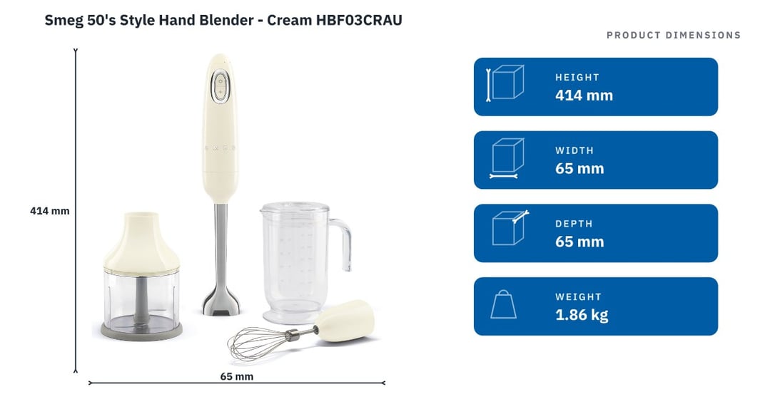 Smeg 50's Style Hand Blender - Cream HBF03CRAU — product dimensions