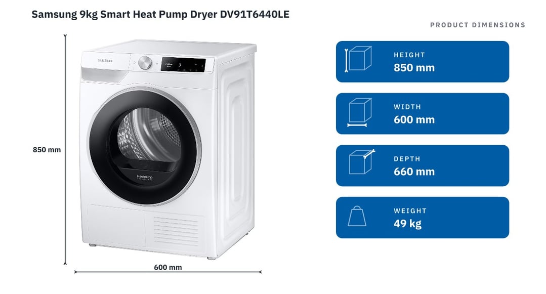 Samsung 9kg Smart Heat Pump Dryer DV91T6440LE — product dimensions