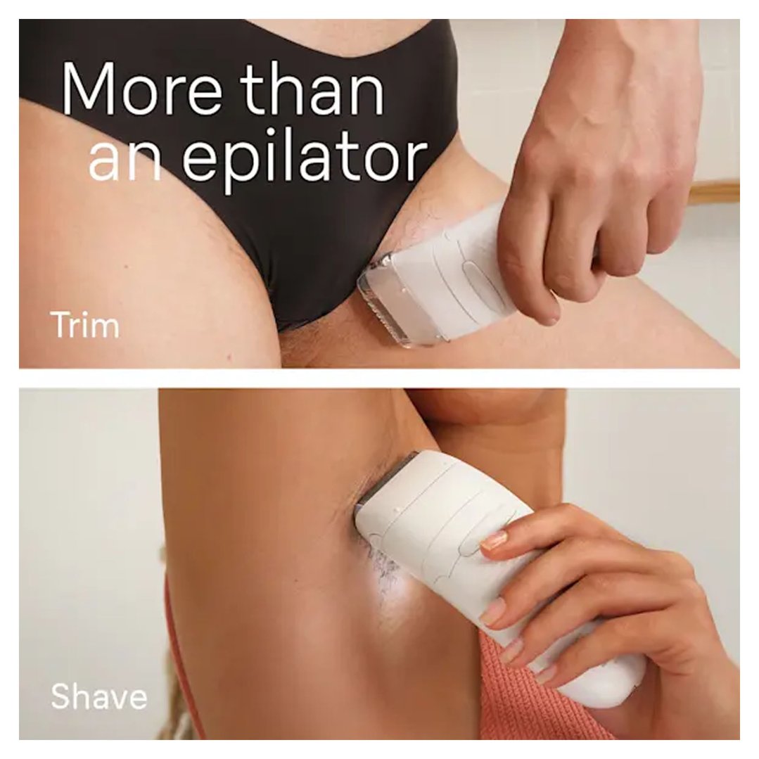Two images showing a woman using an epilator to trim and shave body hair