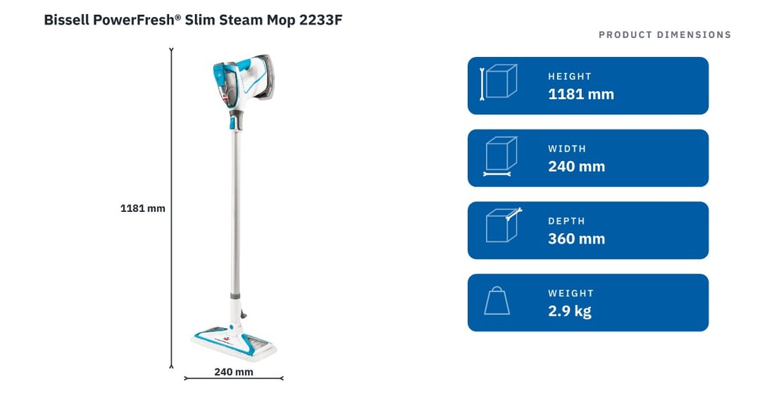 Bissell PowerFresh® Slim Steam Mop 2233F — product dimensions