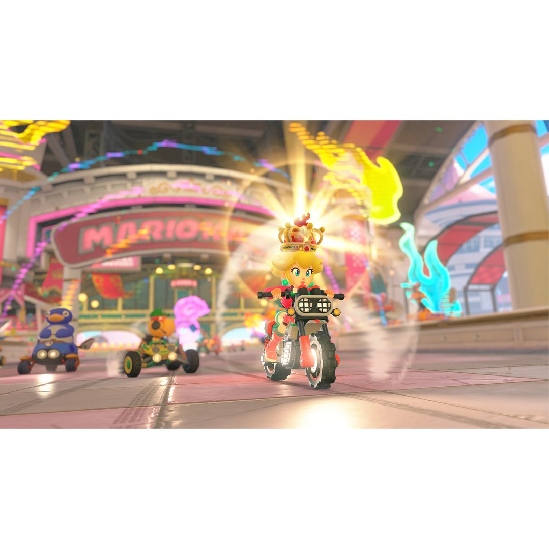 Princess Peach on a motorcycle in a Mario Kart World race