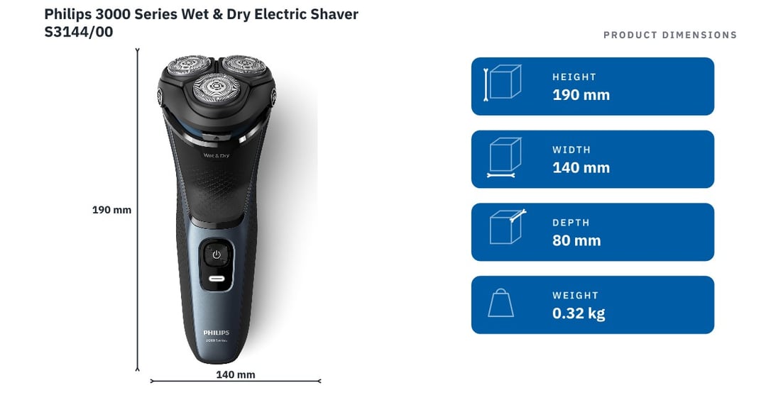 Philips 3000 Series Wet & Dry Electric Shaver S3144/00 — product dimensions