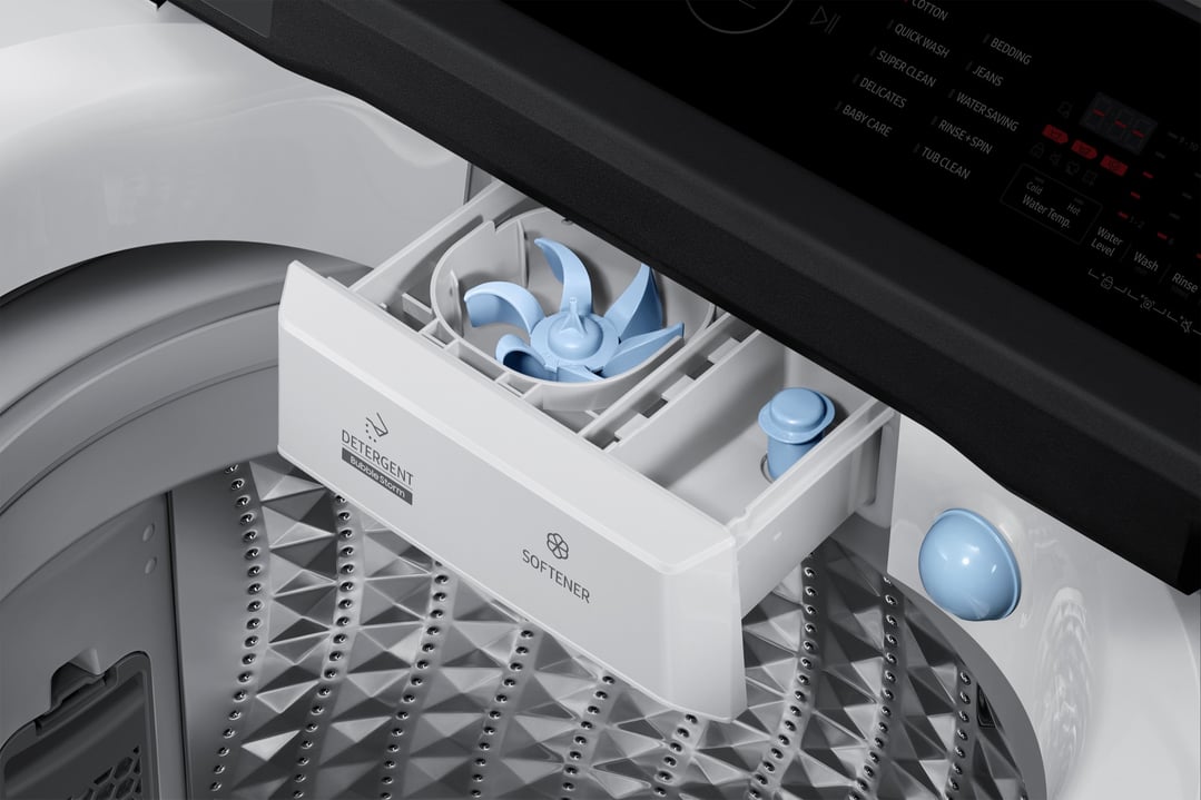 Close-up of the detergent and softener dispenser of a top load washer